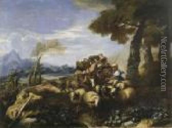 Pastore Con Armenti (il Viaggio Di Giacobbe?) Oil Painting - Giovanni Francesco Castiglione