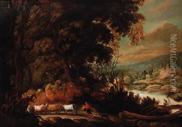A Wooded Path With A Peasant Herding Cattle, A River Landscapebeyond Oil Painting - David The Elder Teniers