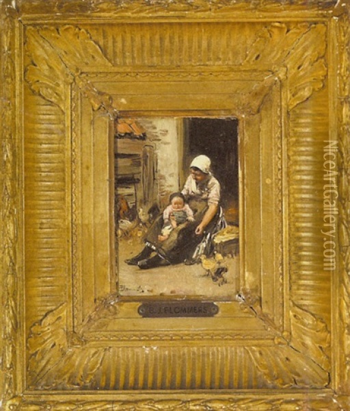 Mother And Child Feeding Chicks Oil Painting - Bernardus Johannes Blommers