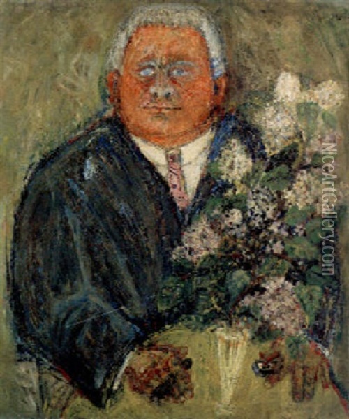 Mann Am Tisch Mit Blumenstraus Oil Painting - Robert Genin