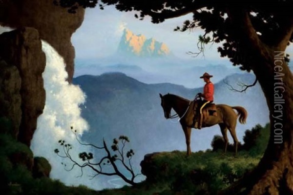 Mountie On Hilltop Vista Oil Painting - Arthur Heming