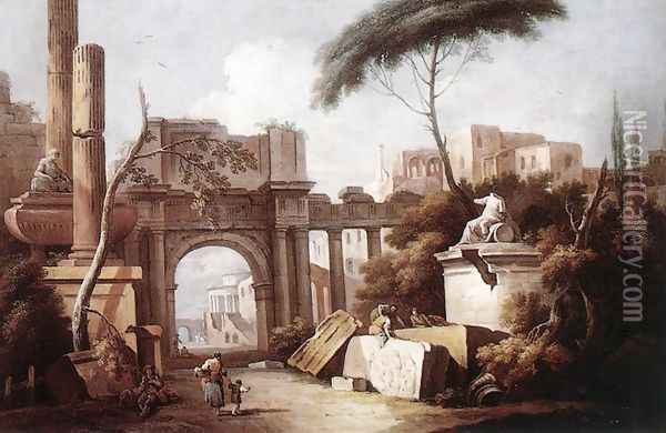 Ancient Ruins with a Great Arch and a Column 1735-40 Oil Painting - Giuseppe Zais