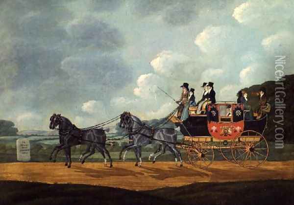 The Royal Mail Coach, London to Birmingham, 1810 Oil Painting - John Cordrey
