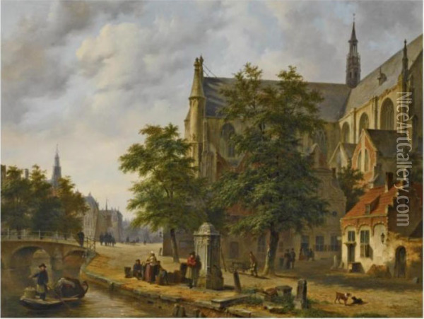 Figures Near A Church In A Dutch Town Oil Painting - Bartholomeus J. Van Hove
