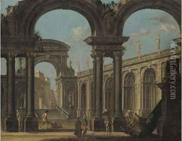 A capriccio of a classical palace with figures Oil Painting - Giovanni Ghisolfi