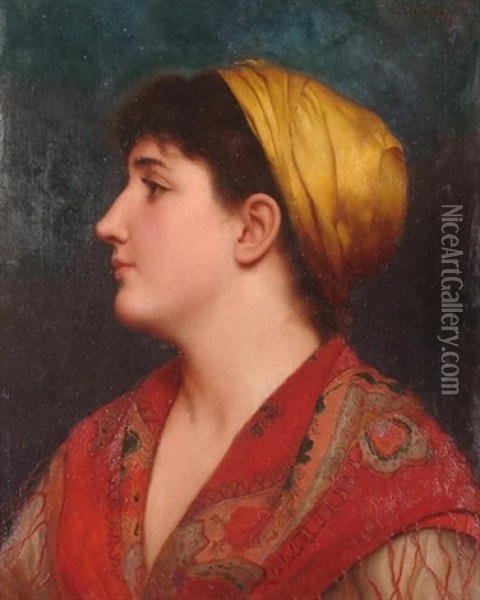 Bust Length Portrait Of A Woman Wearing A Shawl Oil Painting - Walter Blackman