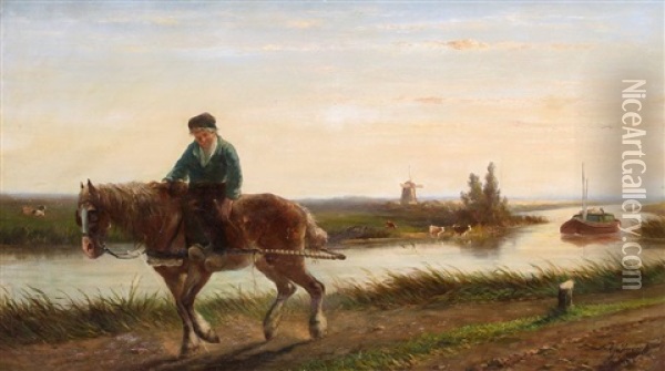 Treidler An Einem Hollandischen Flus Oil Painting - Albert Jurardus van Prooijen