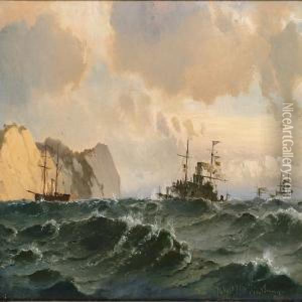 Warships In Ostersoen Near Rugen Oil Painting - Carl Frederick Sorensen