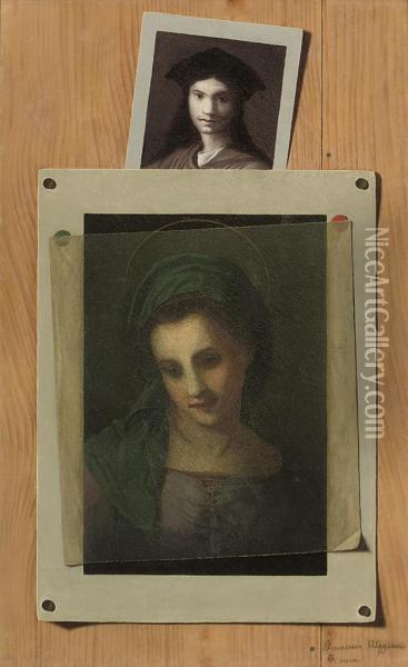 A Trompe L'oeil With A Print Of The Madonna Covered By A Piece Of Tracing Paper, And A Print Of An Artist's Self-portrait Oil Painting - Francesco Alegiani