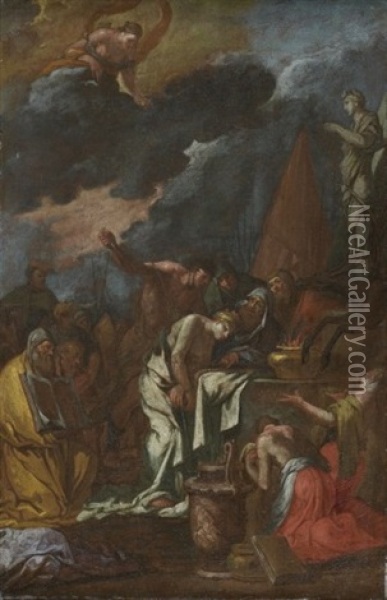 Le Sacrifice De Polixene (+ Le Regne D'hypnos Avec L'arrivee D'iris Messagere Des Dieux; Pair) Oil Painting - Giulio Carpioni