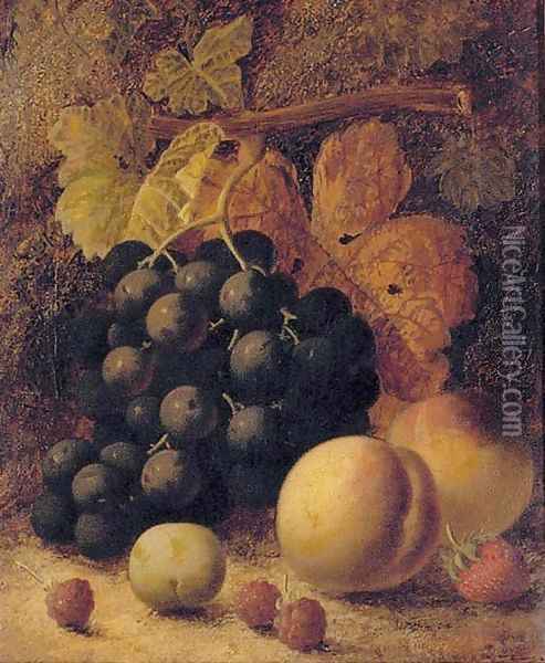 Grapes, peaches, raspberries, a greengage and a strawberry, on a mossy bank Oil Painting - Oliver Clare