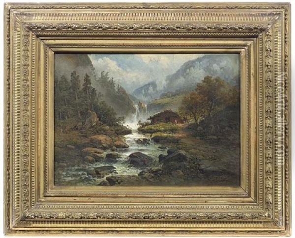 Herbstliche Hochgebirgslandschaft Mit Wasserfall Und Bergbauernhof Oil Painting - Pieter Francis Peters