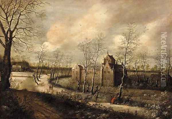 A wooded landscape with hunters on a path, a castle beyond Oil Painting - Daniel van Heil