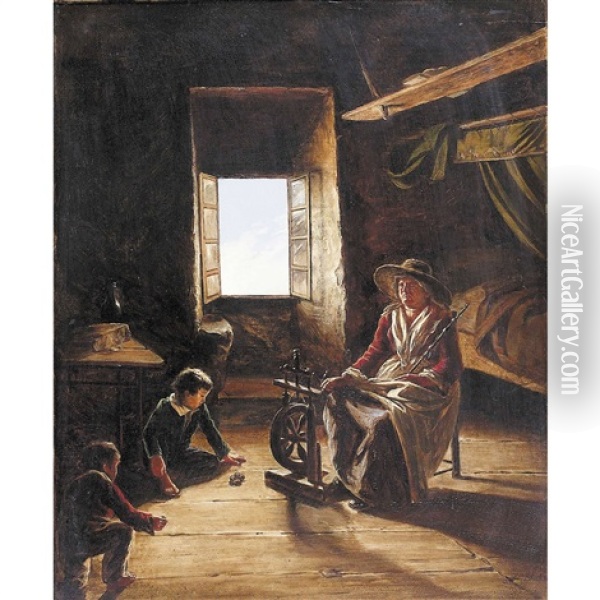Interieur Mit Betagter Spinnerin Und Spielenden Kindern Oil Painting - Joseph Hornung
