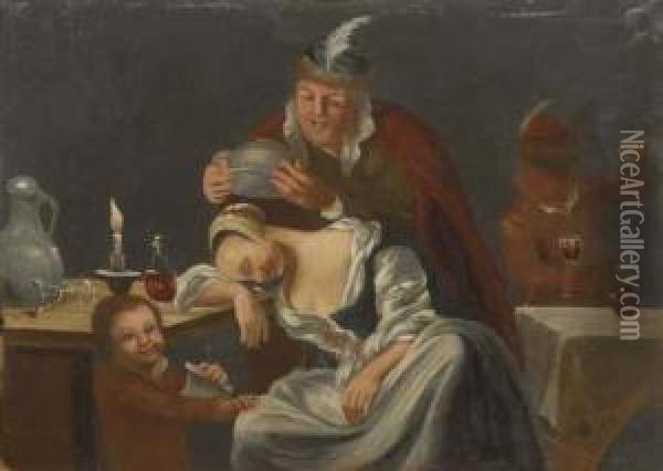 A Tavern Scene With A Man Teasing A Sleeping Woman Oil Painting - Christopher Pierson