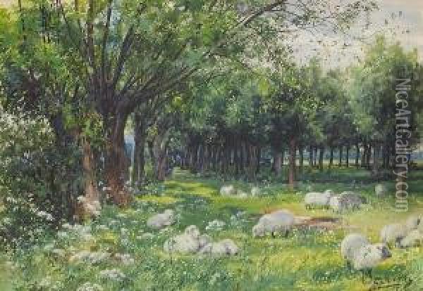 Sheep In A Wooded Landscape Oil Painting - Louis Fairfax Muckley