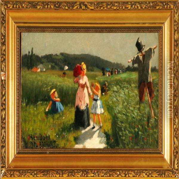 Women With Sunshades Strolling In A Field Oil Painting - Hans Dahl