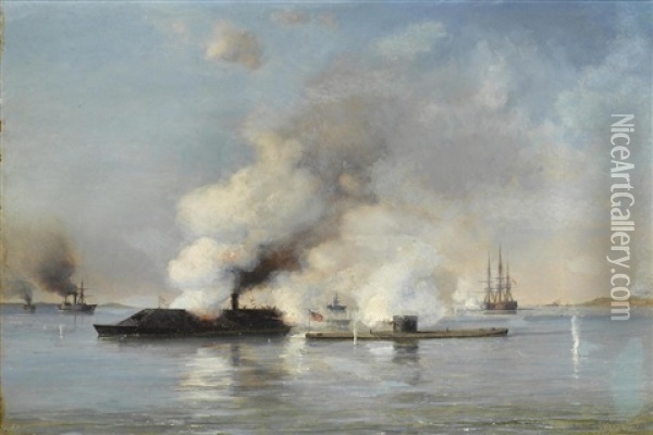 The Battle Of Hampton Roads; Moniter V. Merrimac Oil Painting - Daniel Hermann Anton Melbye