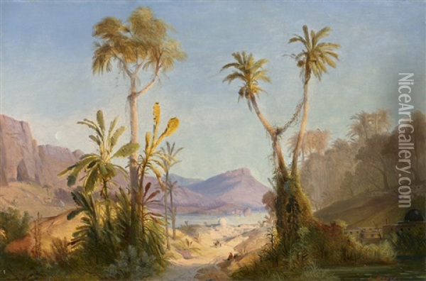 Orientalische Landschaft Mit Blick Auf Eine Stadt Am See. Oil Painting - Alexius Geyer