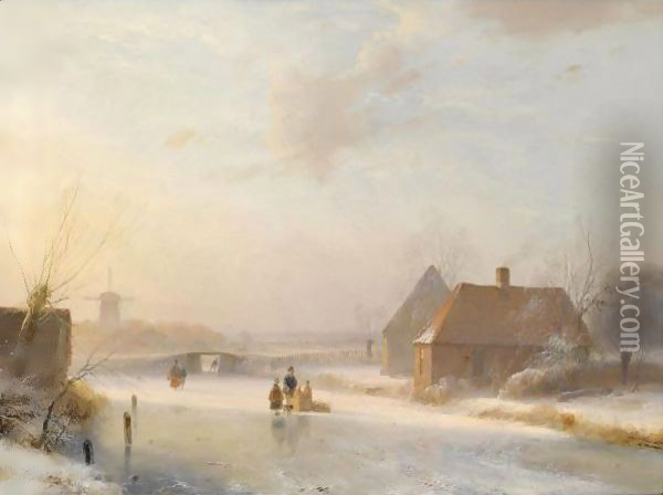 Figures On The Ice At Sunset Oil Painting - Andreas Schelfhout