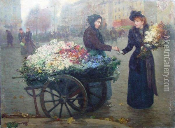 Marchande De Fleurs Devant La Fontaine De La Place Pigalle Oil Painting - Fernand de Launay