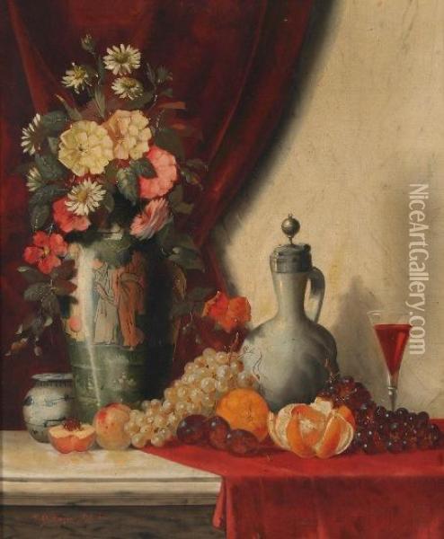 Stilleben Mit Weintrauben, Blumenvase Und Weinglas Oil Painting - Max Otto Beyer