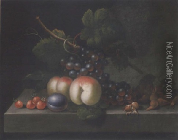 Peaches, Grapes, Strawberries, Cobb Nuts And A Plum On A Ledge Oil Painting - William Jones