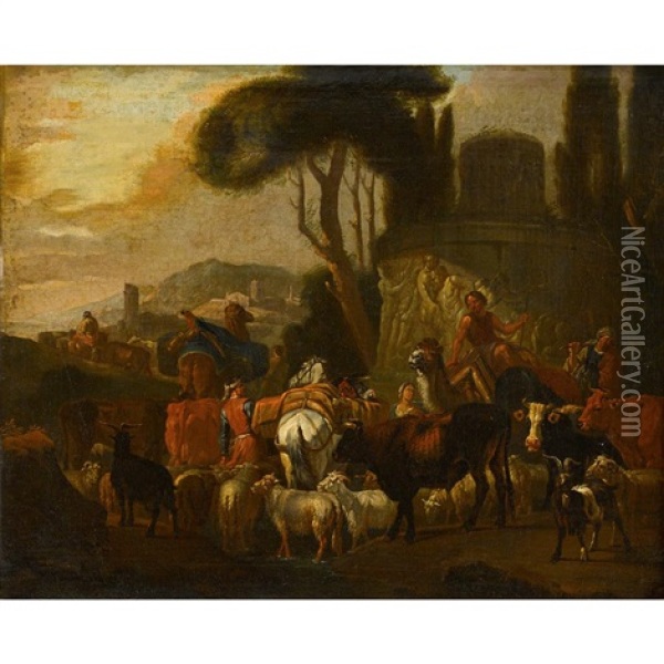 Goat And Cattle Herd In A Pastoral Landscape Oil Painting - Domenico Brandi
