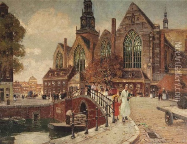 The Oude Kerk Seen From The Oudezijds Voorburgwal, Amsterdam Oil Painting - Heinrich Hermanns