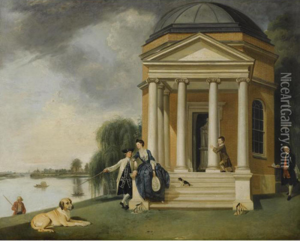 The Garden At Hampton House, With Mr And Mrs David Garrick Taking Tea Oil Painting - Johann Zoffany