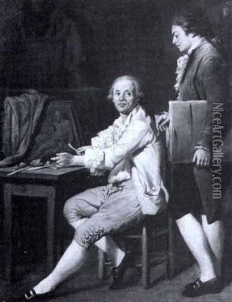 An Artist With His Student In A Studio Oil Painting - Jean Baptiste Greuze