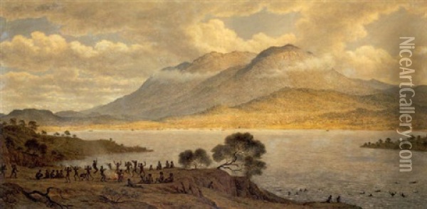Mount Wellington And Hobart Town From Kangaroo Point; These Natives Danced At The Request Of The Artist Oil Painting - John Glover