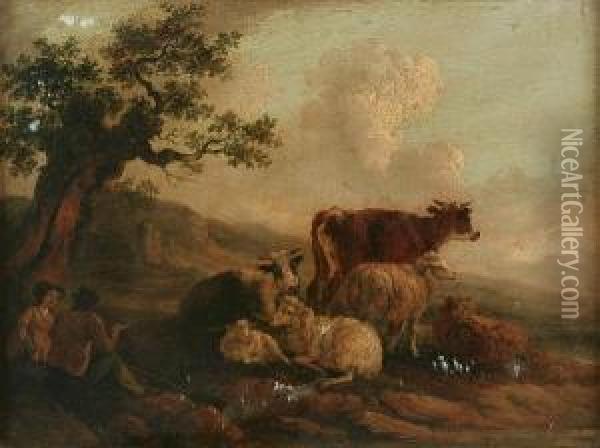 Herdsmen On A Country Road, And Another, Herdsman And Maid With Cattle And Sheep, A Pair Oil Painting - Peter La Cave