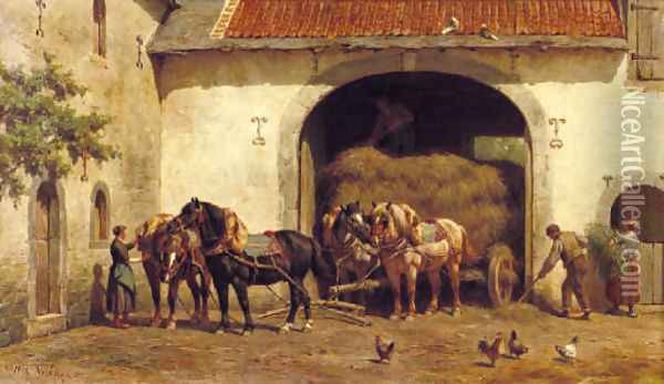 Unloading the hay-wagon Oil Painting - Willem Carel Nakken