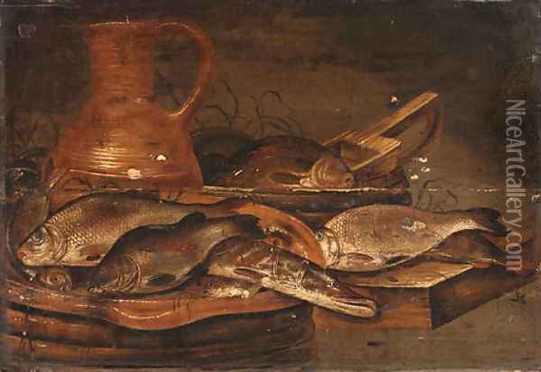 Fish and a Jug on a Barrel and a wooden Ledge Oil Painting - Dutch School