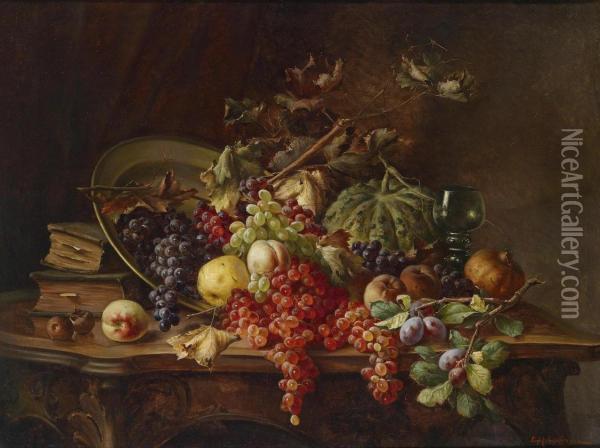 Still Life Of Fruit With Grapes Oil Painting - Enrico Hohenberger