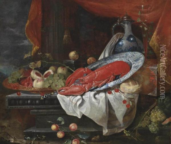 Peaches, Plums And Grapes In A 
Gilt Charger, A Lobster On A Porcelain Plate, A Porcelain Jug, A Facon 
De Venise Glass, Cherries, A Loaf Of Bread And Lemons On A Partly-draped
 Ledge, A Landscape Beyond Oil Painting - Joris Van Son