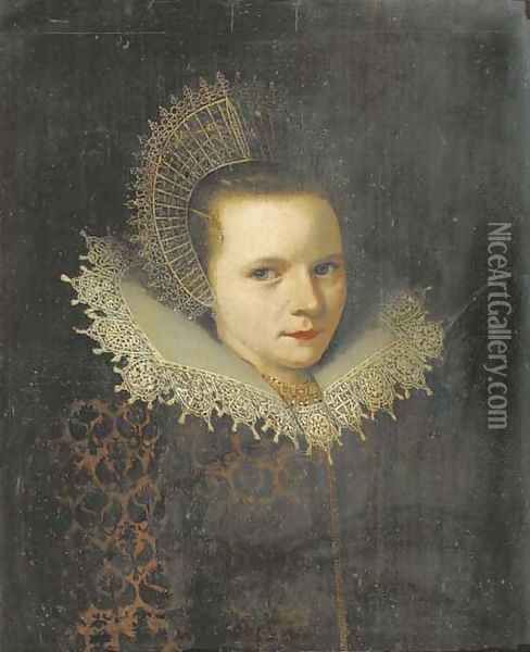 Portrait of a lady, bust length, in a brown velvet dress with a floral pattern and a white lace collar, a gold necklace, and a white lace cap fastened Oil Painting - Michiel Jansz. van Mierevelt