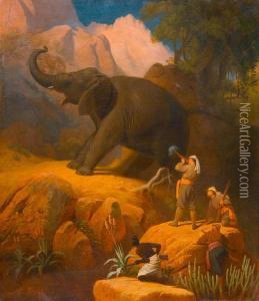 Duke Ernst Von Sachsen-coburg-gotha Hunting Elephants. Oil Painting - Carl Trost