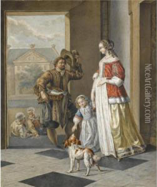 A Fish-monger Greeting An Elegant Lady And Her Child In The Entrance Hall Of A House Oil Painting - Abraham van, I Strij