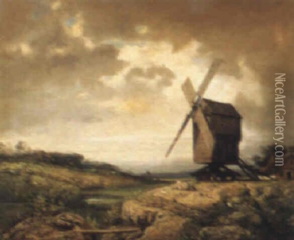 A Landscape With Windmill Oil Painting - Charles Felix Edouard Deshayes