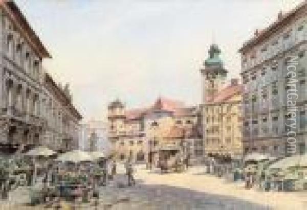 Die Freyung In Wien Mit Marktstanden Oil Painting - Karl Wenzel Zajicek
