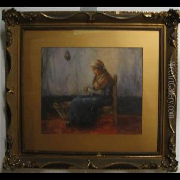 Seated Woman Knitting Oil Painting - Georges Chavignaud