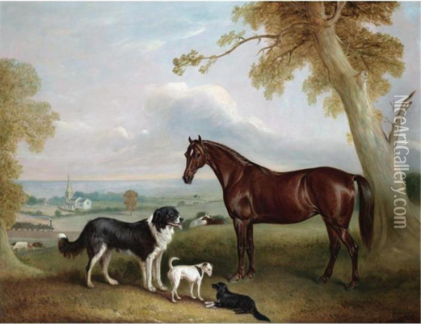 A Chestnut Hunter And Three Dogs
 Belonging To William Brewitt In A Landscape With A Steam Train And Two 
Churches In The Distance Oil Painting - John Snr Ferneley