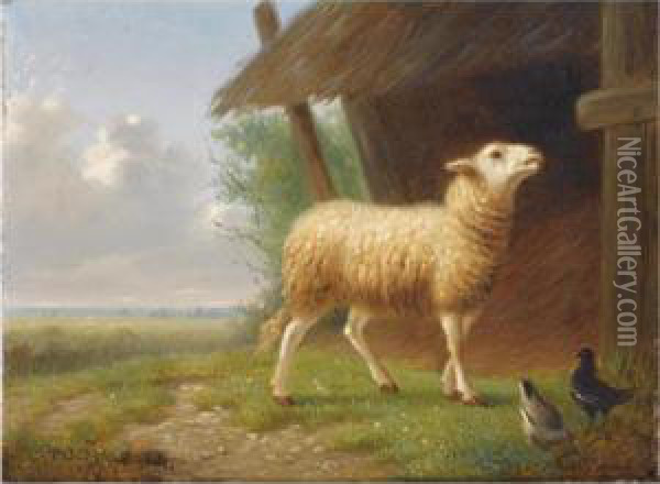 A Sheep And Chickens Near A Stable Oil Painting - Auguste Coomans