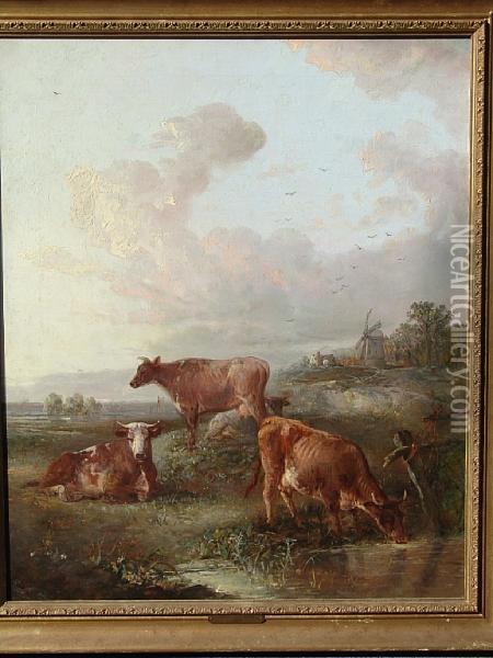 East Anglian Landscape With Cattle To Thefore, A Windmill And Cottage Beyond Oil Painting - Edward Robert Smythe