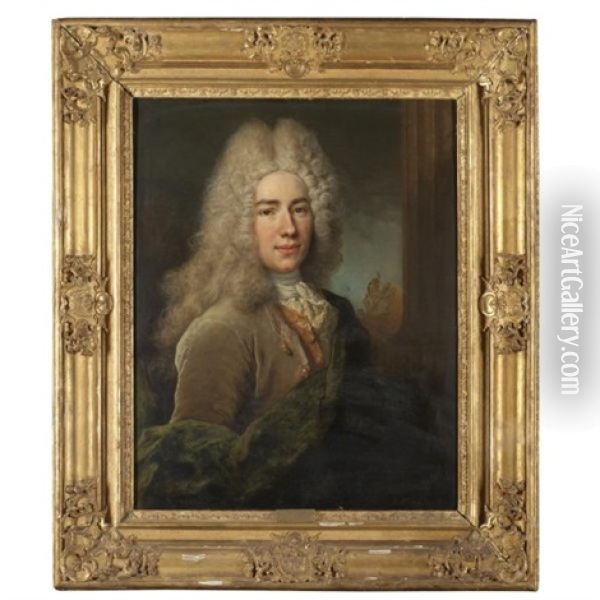 Portrait Of A Gentleman, Half Length, Wearing A Brown Velvet Coat Wih A Green Sash Oil Painting - Nicolas de Largilliere