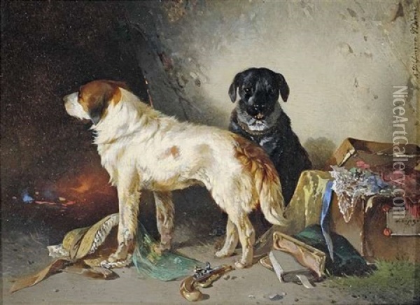 Zwei Hunde Mit Einer Kleiderkiste Oil Painting - Carl Pischinger