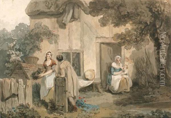 Figures Outside A Cottage Oil Painting - Francis Wheatley