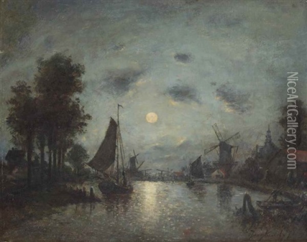 A Sailing Vessel In A Dutch Estuary By Night Oil Painting - Johan Barthold Jongkind